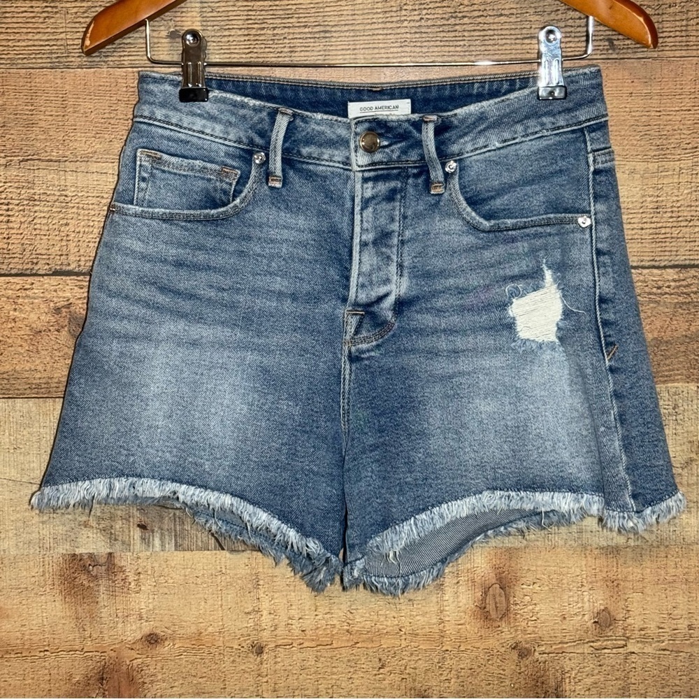Good American High Rise Cheeky Button Fly Denim Shorts 2/26